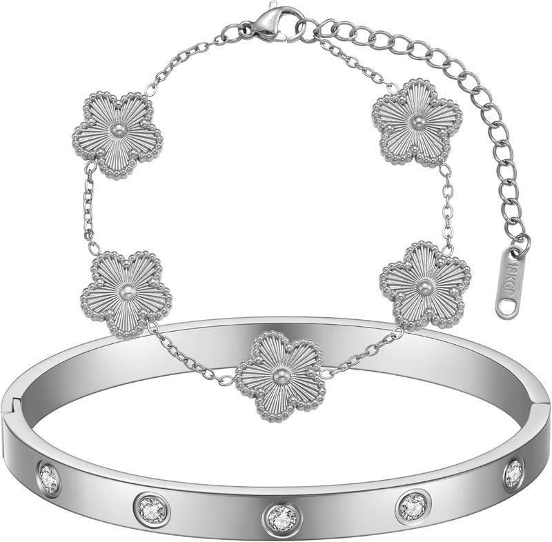 Funio 18K Gold Plated Clover Bracelet Love bangle Set for Women - Stack Friendship Bracelet Lucky Link Bracelets Jewelry Gifts Trendy for Women - Image 1